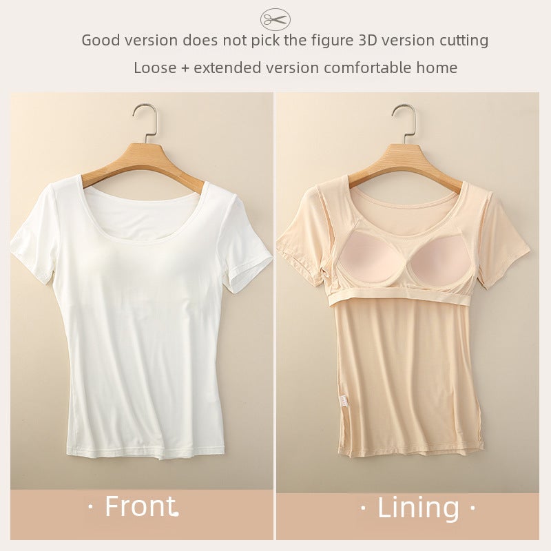 Summer modal womens undershirt one-piece wear-free bra Seamless T-shirt short sleeve womens plus size sports base 613# Black - Image 4