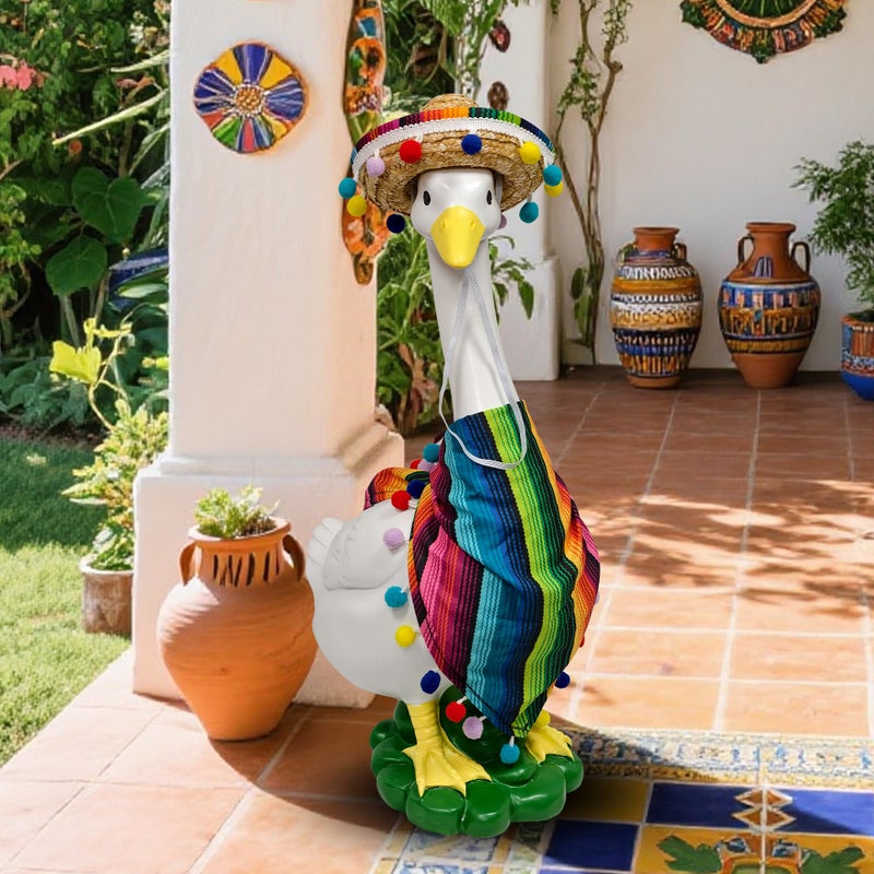 asdfg Porch Goose Statues + Porch Goose Outfits, 20" Large Durable Resin Goose Statue Decor with Fun Porch Goose Clothes, Mexican Sombrero Scarf Decorations Diy Indoor Outdoor Garden Patio Yard Lawn Gifts - Image 1