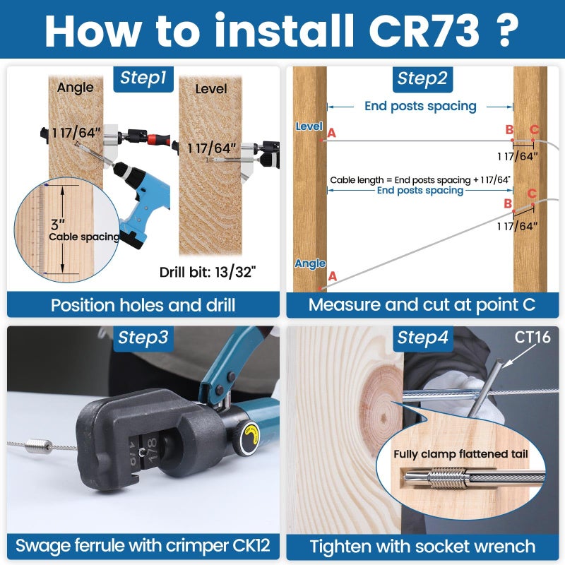 Muzata 20 حزمة 1/8 بوصة طقم درابزين كابل غير مرئي، كابل برغي متخلف، شداد جيني مخفي T316 من الفولاذ المقاوم للصدأ لـ 4X4 6X6 8X8 سلالم خشبية مع مفتاح مقبس لـ 10 كابلات تعمل Cr73 - Image 5