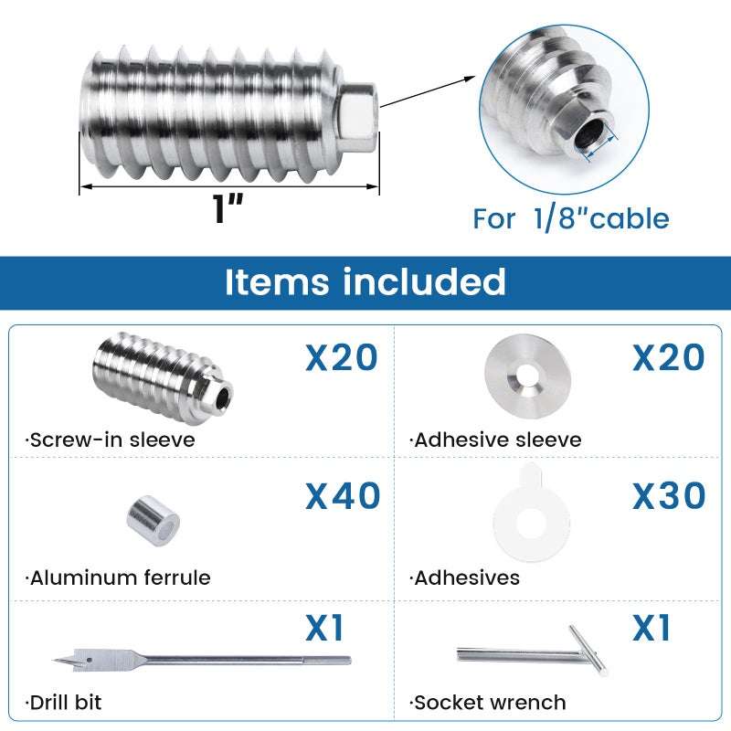 Muzata 20 حزمة 1/8 بوصة طقم درابزين كابل غير مرئي، كابل برغي متخلف، شداد جيني مخفي T316 من الفولاذ المقاوم للصدأ لـ 4X4 6X6 8X8 سلالم خشبية مع مفتاح مقبس لـ 10 كابلات تعمل Cr73 - Image 2