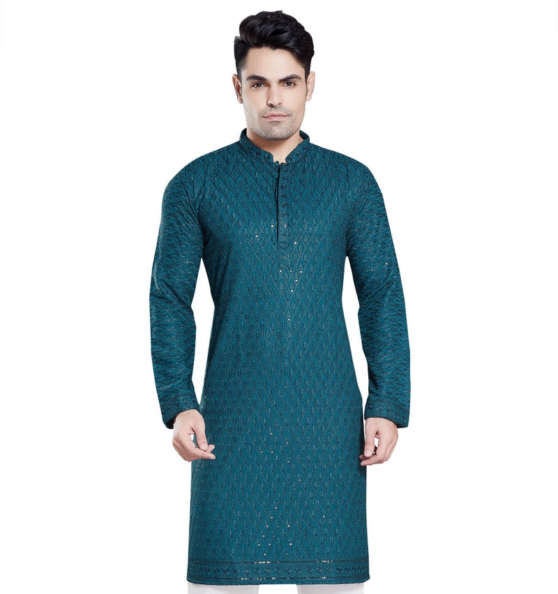 DIVISIVE Men's Sequince Embroidered Cotton Blend Only Slim Fit Kurta (DKRT116_M_P Blue) - Image 1