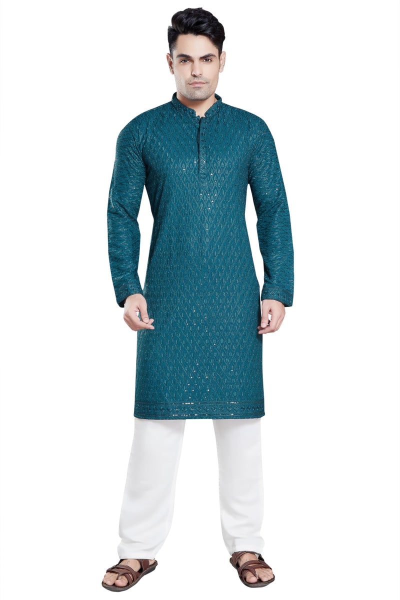DIVISIVE Men's Sequince Embroidered Cotton Blend Only Slim Fit Kurta (DKRT116_M_P Blue) - Image 2
