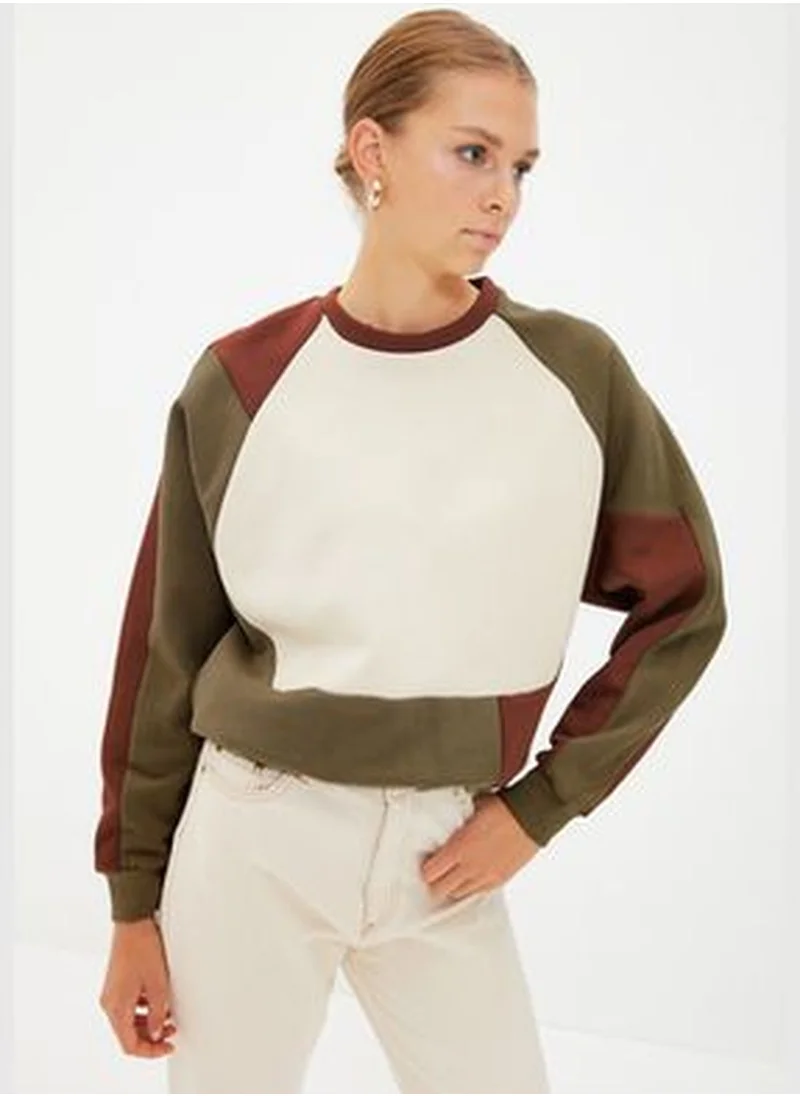 trendyol Khaki Thick Fleece Inside Color Block Color Block Regular/Normal Knitted Sweatshirt TWOAW21SW0116