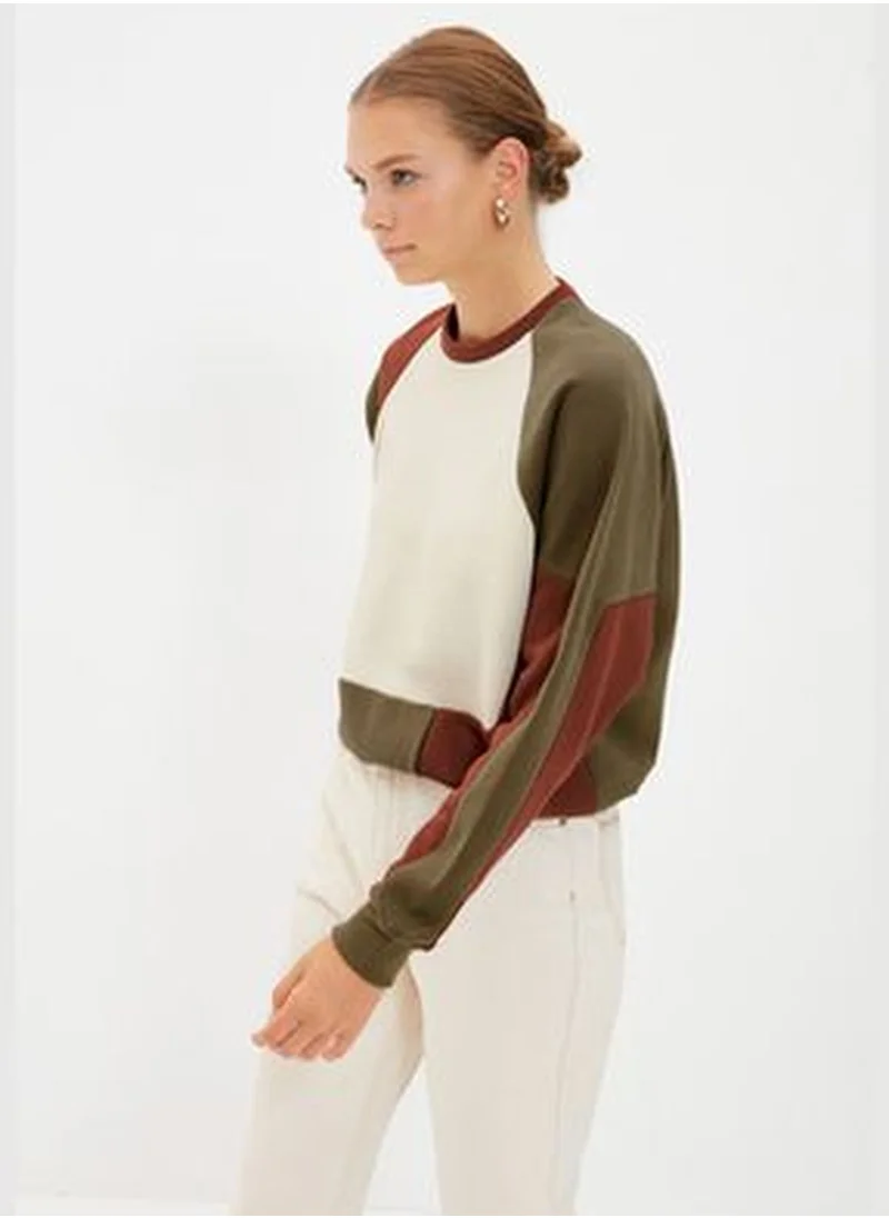 trendyol Khaki Thick Fleece Inside Color Block Color Block Regular/Normal Knitted Sweatshirt TWOAW21SW0116