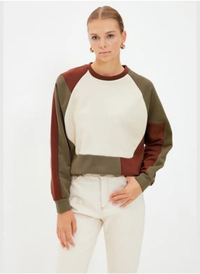 trendyol Khaki Thick Fleece Inside Color Block Color Block Regular/Normal Knitted Sweatshirt TWOAW21SW0116