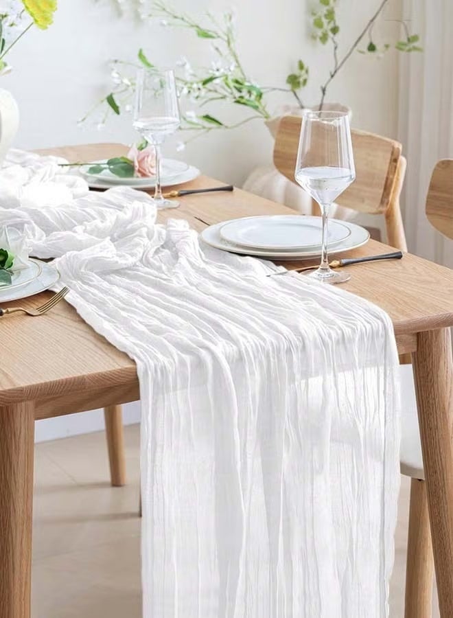 4M Extra-Long Cheesecloth Table Runner - 90x400cm Flowing Boho Wedding Decor, Rustic Sheer Gauze Tablecloth for Banquet & Event Styling (White) - Image 1