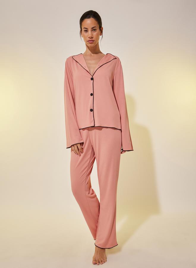 Take Two Ribbed Contrast Trim Long Sleeve Shirt and Pyjama Set - Image 1