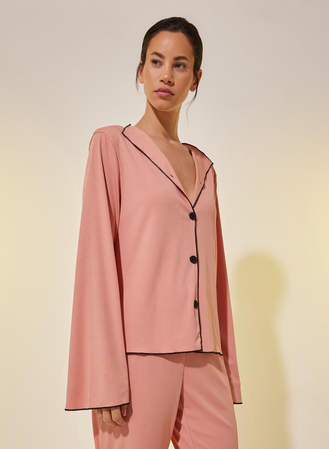 Take Two Ribbed Contrast Trim Long Sleeve Shirt and Pyjama Set - Image 2