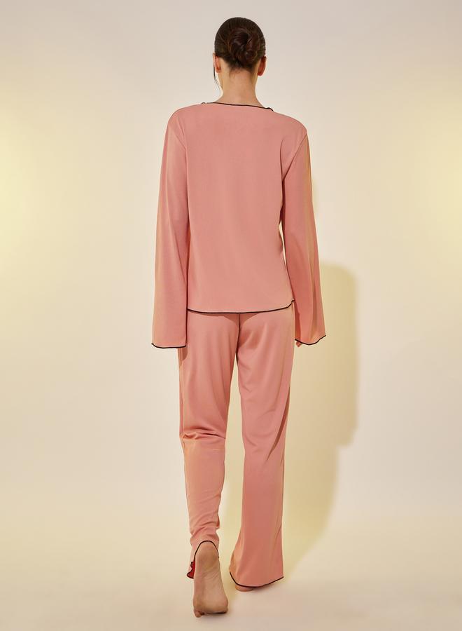 Take Two Ribbed Contrast Trim Long Sleeve Shirt and Pyjama Set - Image 5