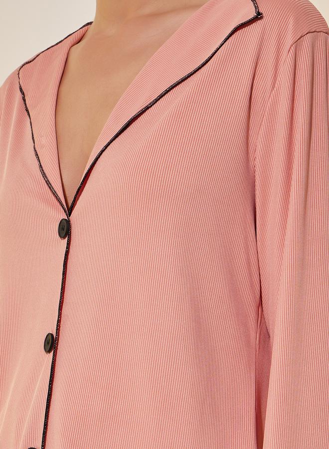Take Two Ribbed Contrast Trim Long Sleeve Shirt and Pyjama Set - Image 3