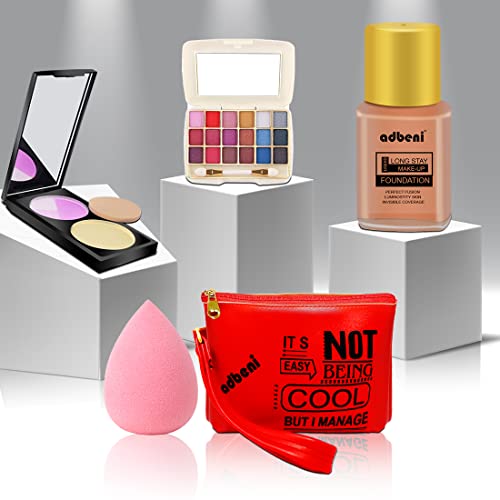 Adbeni Ready To Go Make Up Kit, Pack Of 5 |18 Color Eye Shadow, Foundation, Compact With Blusher And Beauty Sponge Come With Makeup Pouch, Radiant Finish Party Time For Wheatish Tone - Image 1