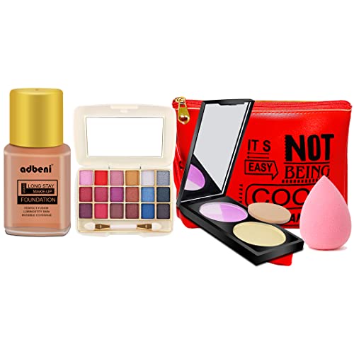 Adbeni Ready To Go Make Up Kit, Pack Of 5 |18 Color Eye Shadow, Foundation, Compact With Blusher And Beauty Sponge Come With Makeup Pouch, Radiant Finish Party Time For Wheatish Tone - Image 2