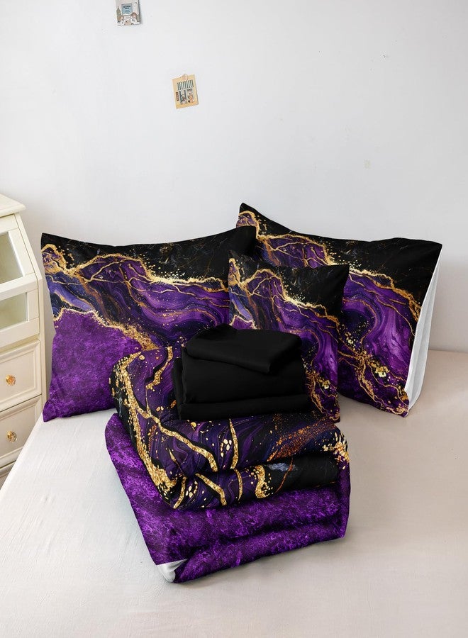 Bedorm Gold Comforter Set 8 Pcs Purple Bedding Set Queen Size Bed in A Bag Purple and Black Marble Stone Texture Abstract Room Decor - Image 5