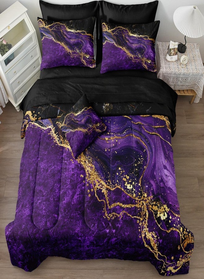 Bedorm Gold Comforter Set 8 Pcs Purple Bedding Set Queen Size Bed in A Bag Purple and Black Marble Stone Texture Abstract Room Decor - Image 2