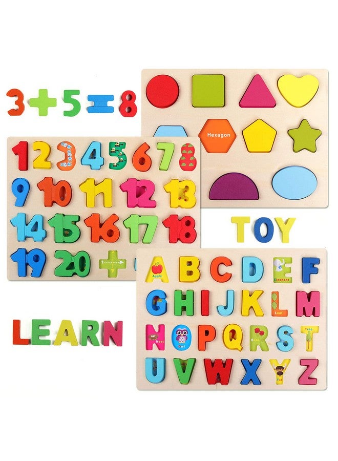QZMTOY Wooden Puzzles for Toddlers, Wooden Alphabet Number Shape Puzzles Toddler Learning Puzzle Toys for Kids, 3 in 1 Puzzle for Toddlers, Age 3+ (Set of 3) - Image 1