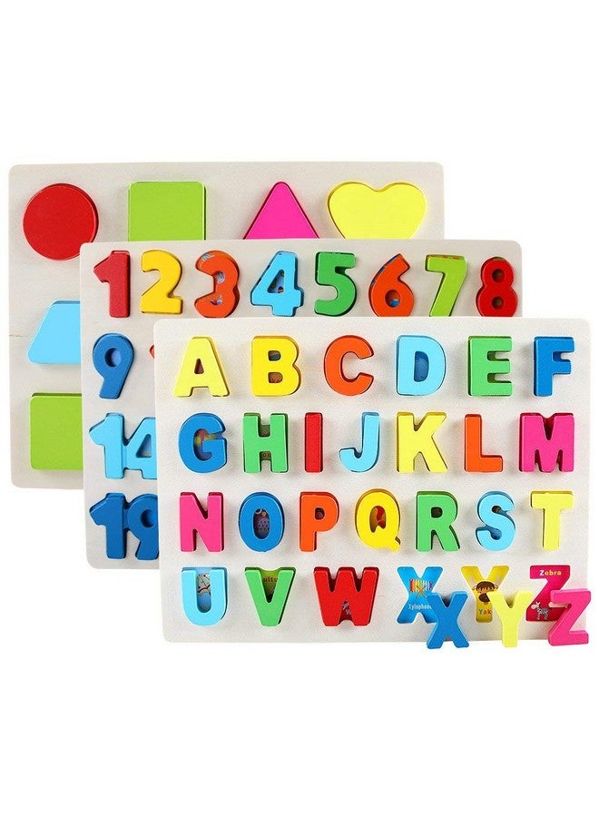 QZMTOY Wooden Puzzles for Toddlers, Wooden Alphabet Number Shape Puzzles Toddler Learning Puzzle Toys for Kids, 3 in 1 Puzzle for Toddlers, Age 3+ (Set of 3) - Image 2
