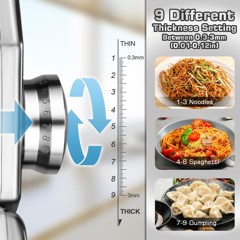 Sailnovo Pasta Maker Machine, 180 Roller Pasta Maker, 9 Adjustable Thickness Settings 2-in-1 Noodles Maker with Rollers and Cutter, Perfect for Spaghetti, Fettuccini, Lasagna or Dumpling Skin Silver - Image 2