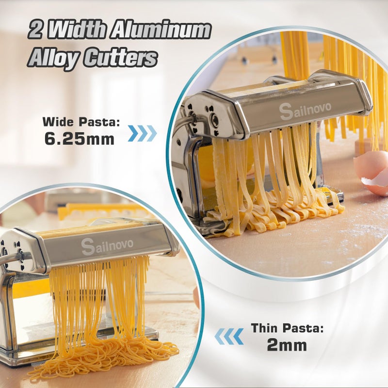 Sailnovo Pasta Maker Machine, 180 Roller Pasta Maker, 9 Adjustable Thickness Settings 2-in-1 Noodles Maker with Rollers and Cutter, Perfect for Spaghetti, Fettuccini, Lasagna or Dumpling Skin Silver - Image 3