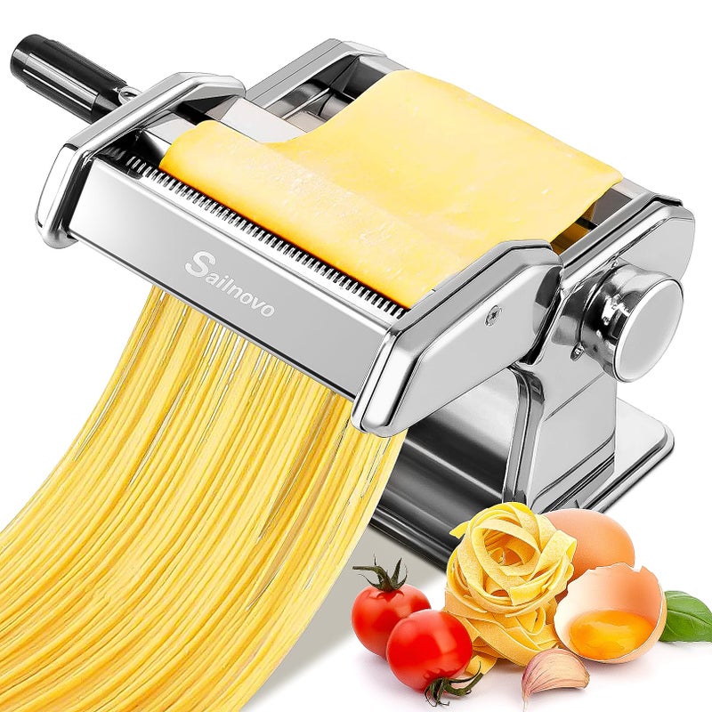 Sailnovo Pasta Maker Machine, 180 Roller Pasta Maker, 9 Adjustable Thickness Settings 2-in-1 Noodles Maker with Rollers and Cutter, Perfect for Spaghetti, Fettuccini, Lasagna or Dumpling Skin Silver - Image 1