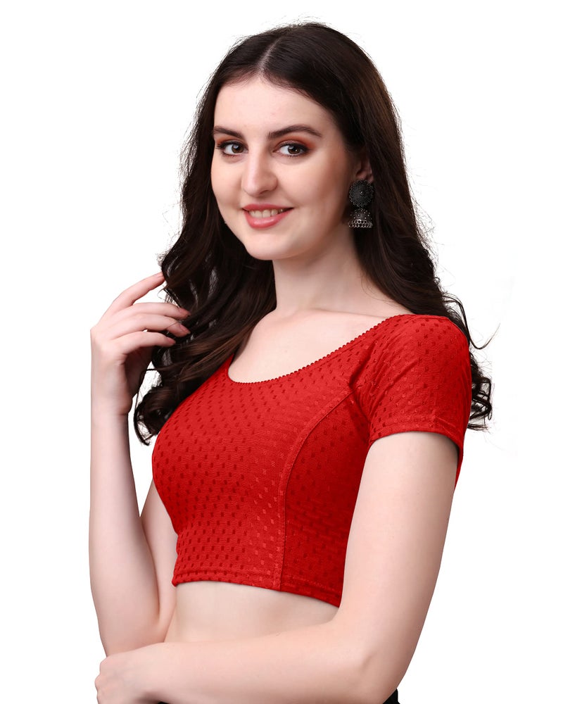 Kipzy Women's Cotton Stretchable Saree Blouse – Round Neck, Short Sleeves, Readymade Slim Fit Blouse for Women 40 Red - Image 5