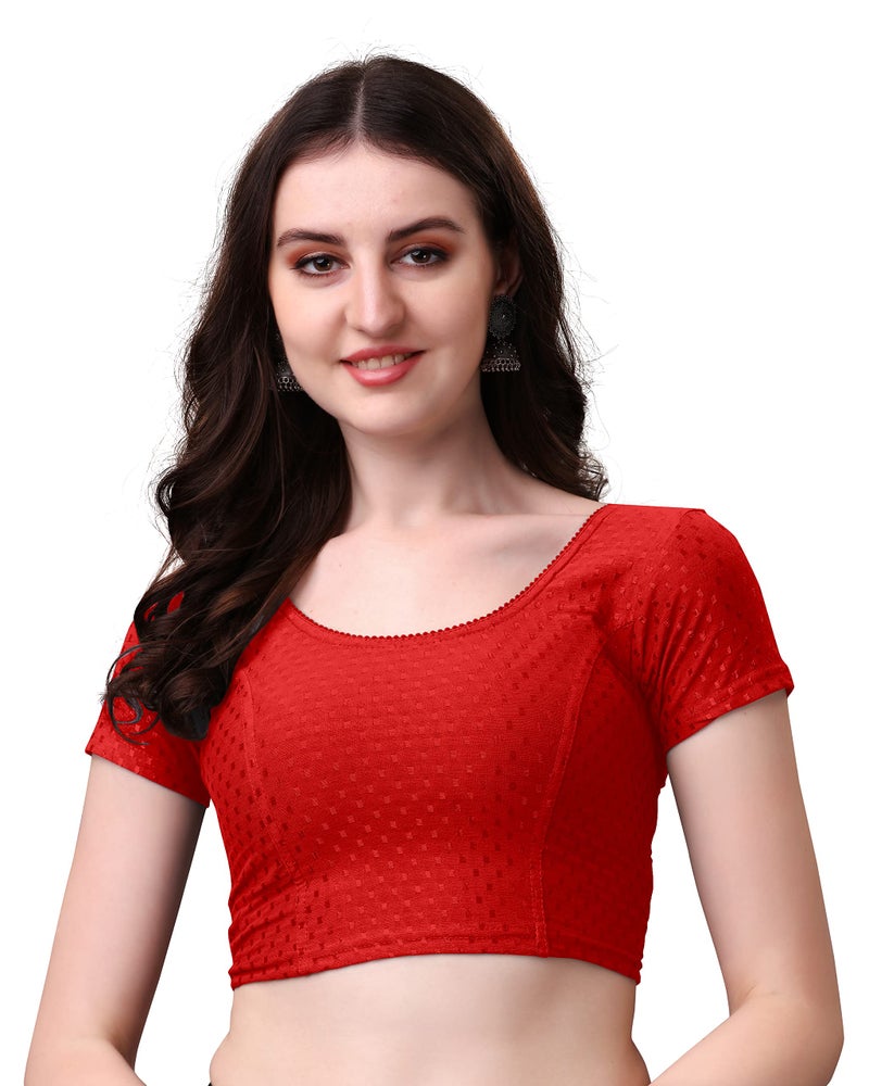 Kipzy Women's Cotton Stretchable Saree Blouse – Round Neck, Short Sleeves, Readymade Slim Fit Blouse for Women 40 Red - Image 2