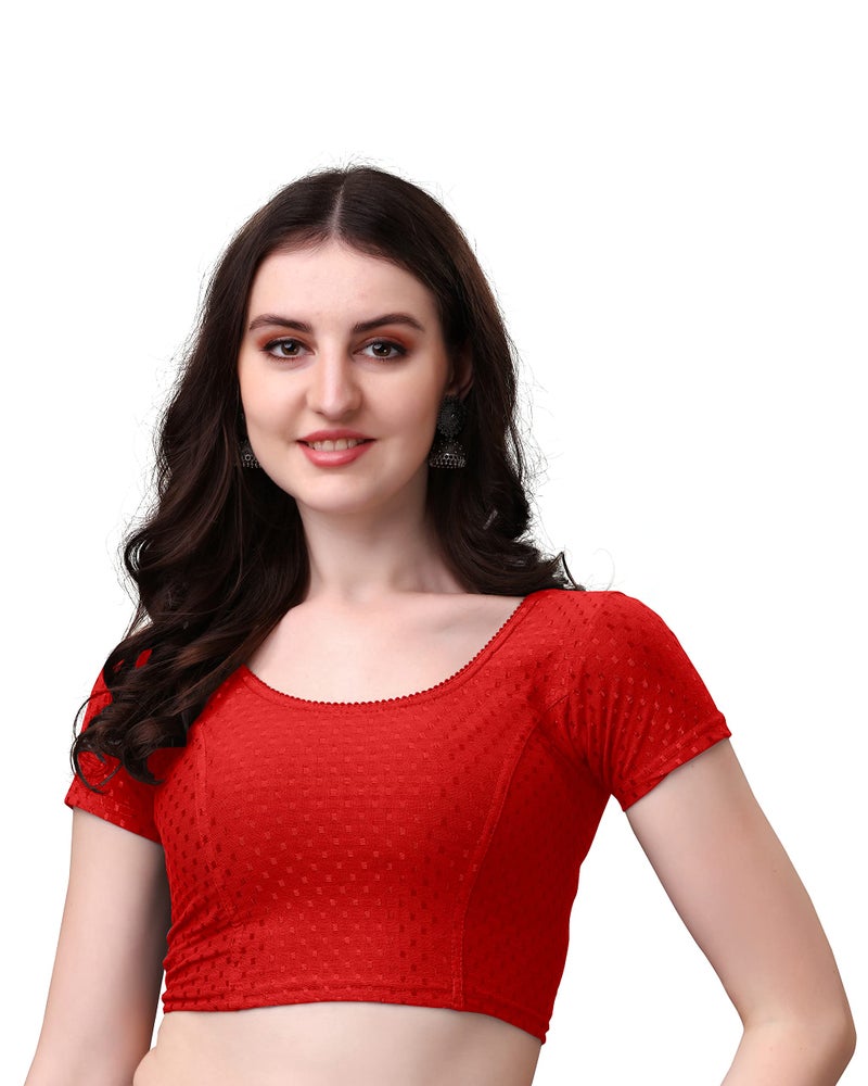 Kipzy Women's Cotton Stretchable Saree Blouse – Round Neck, Short Sleeves, Readymade Slim Fit Blouse for Women 40 Red - Image 3