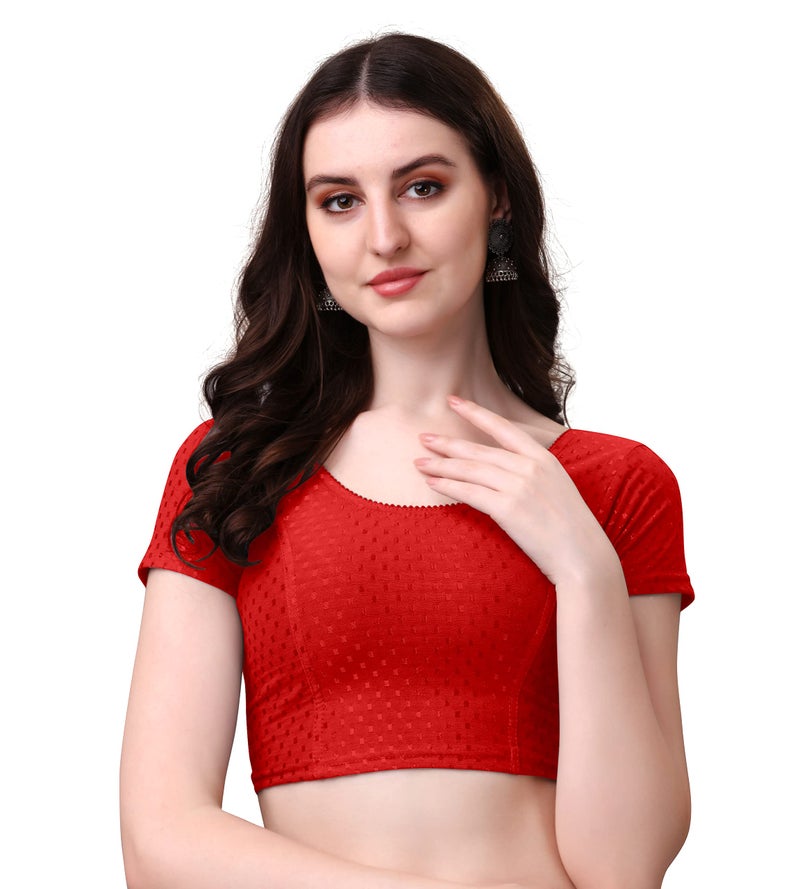 Kipzy Women's Cotton Stretchable Saree Blouse – Round Neck, Short Sleeves, Readymade Slim Fit Blouse for Women 40 Red - Image 1