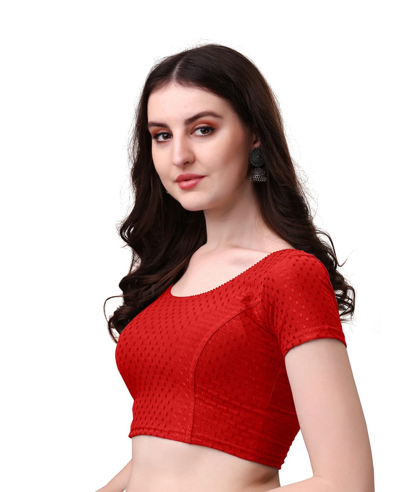 Kipzy Women's Cotton Stretchable Saree Blouse – Round Neck, Short Sleeves, Readymade Slim Fit Blouse for Women 40 Red - Image 4