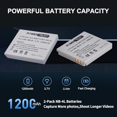 PowerTrust 2Pcs NB-4L NB4L Battery + Fast Charger for Canon PowerShot ELPH 100 HS, 300 HS, 310 HS, SD1000, SD1100 is, SD1400 is, SD200, SD30, SD300, SD40, SD400, SD430, SD450, SD600, SD630 - Image 4