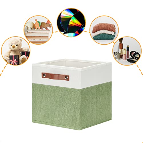 DULLEMELO 11x11 Cube Fabric Organizer Storage Bins for Shelf, Toy Square Green Bins, Kids Clothes Closet Baskets Storage, for Bedroom, Living Room, Dorm(White&Green-4 Pack) - Image 4