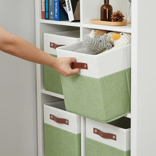 DULLEMELO 11x11 Cube Fabric Organizer Storage Bins for Shelf, Toy Square Green Bins, Kids Clothes Closet Baskets Storage, for Bedroom, Living Room, Dorm(White&Green-4 Pack) - Image 5