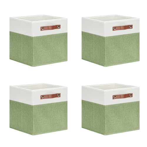 DULLEMELO 11x11 Cube Fabric Organizer Storage Bins for Shelf, Toy Square Green Bins, Kids Clothes Closet Baskets Storage, for Bedroom, Living Room, Dorm(White&Green-4 Pack) - Image 1