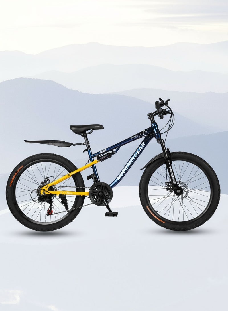 ماونتن جير الدراجة الجبلية MGR311380، 21 سرعة، إطار فولاذي مقاس 24 بوصة، فرامل قرصية، شوكة أمامية ممتصة للصدمات 38، شيمانو TX-30، إطارات 26x2.125، دواسات PVC، مقعد MTB أسود أصفر - Image 1