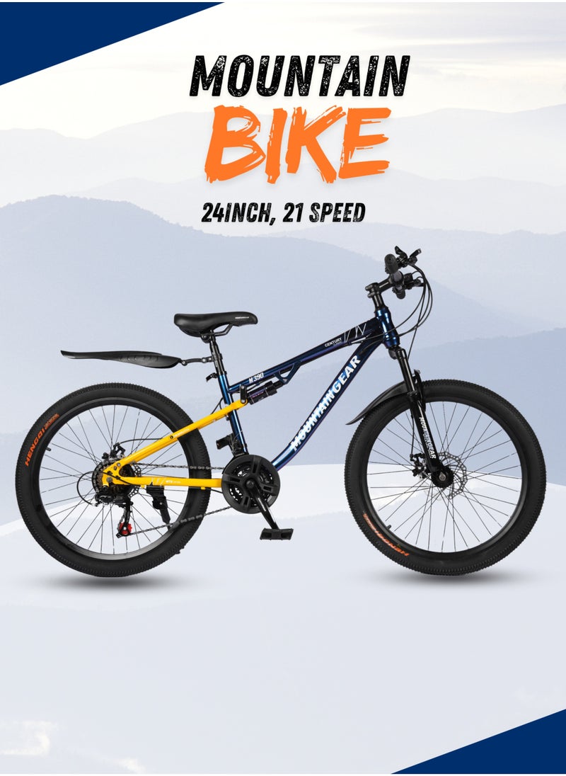 MOUNTAIN GEAR - 21-Speed Mountain Bike MGR311380 | 24-Inch Cycle with High Carbon Steel Frame | Disc Brakes | 38 Shock-Absorbing Front Fork | TX-30 Shimano Shifters | PVC Pedals | MTB Seat-BLACK YELLOW - Image 1