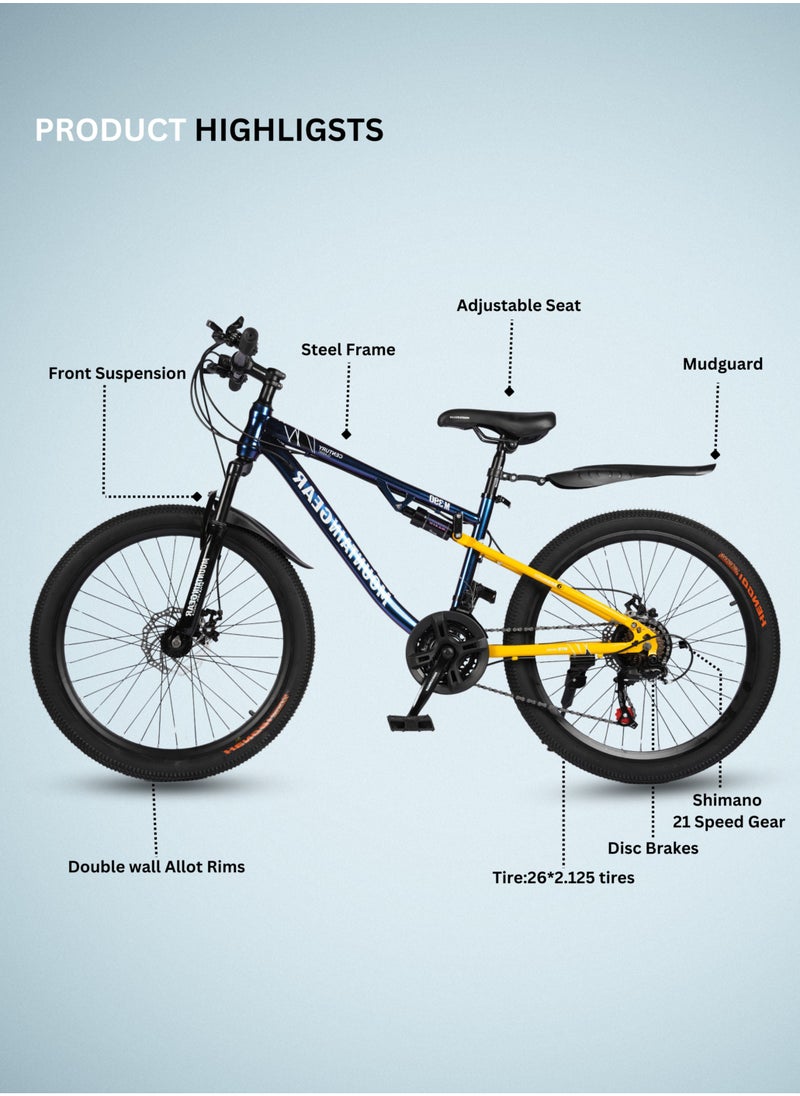 MOUNTAIN GEAR - 21-Speed Mountain Bike MGR311380 | 24-Inch Cycle with High Carbon Steel Frame | Disc Brakes | 38 Shock-Absorbing Front Fork | TX-30 Shimano Shifters | PVC Pedals | MTB Seat-BLACK YELLOW - Image 1
