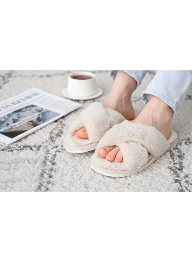 OSHIMA Fluffy Women's House Slippers Cross Band Open Toe Soft Plush Fleece Non-Slip Slippers - Image 2