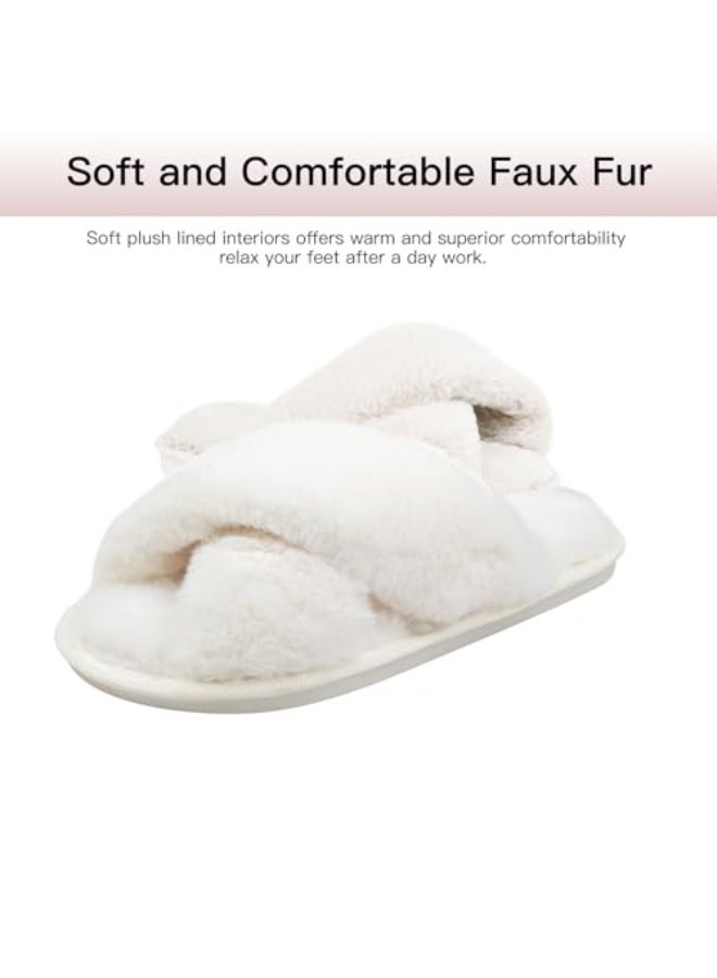 OSHIMA Fluffy Women's House Slippers Cross Band Open Toe Soft Plush Fleece Non-Slip Slippers - Image 4