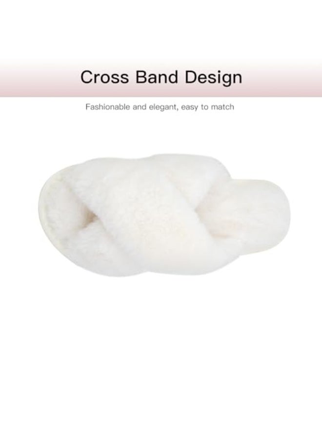 OSHIMA Fluffy Women's House Slippers Cross Band Open Toe Soft Plush Fleece Non-Slip Slippers - Image 3