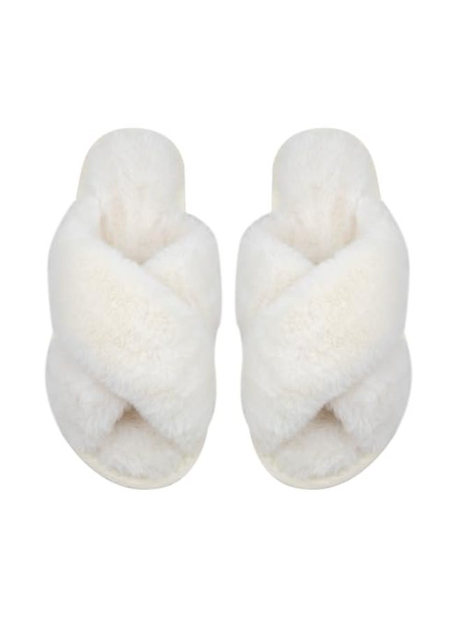 OSHIMA Fluffy Women's House Slippers Cross Band Open Toe Soft Plush Fleece Non-Slip Slippers - Image 1