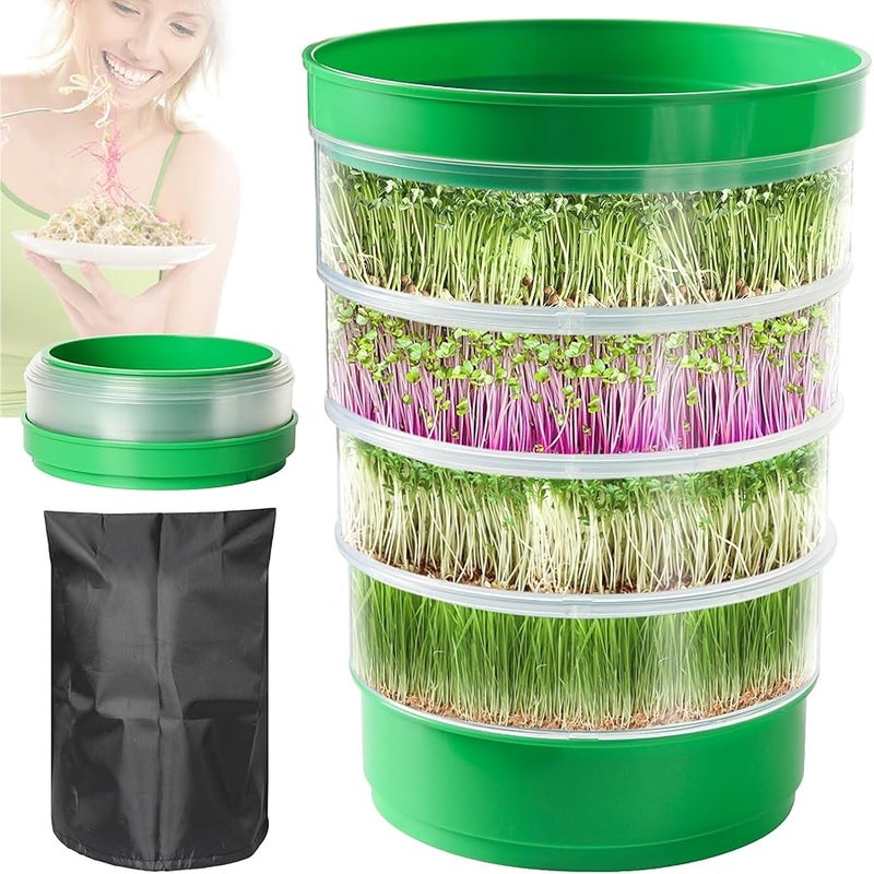 AOMGD 4-Tier Seed Sprouting Kit,Microgreens Growing Trays with Sprout Lid, Blackout Sleeve & Drain Tray,Upgrade Stackable Sprouts Growing Kit, Fresh Soil-Free Seedling Box for Beans Alfalfa Seeds - Image 1