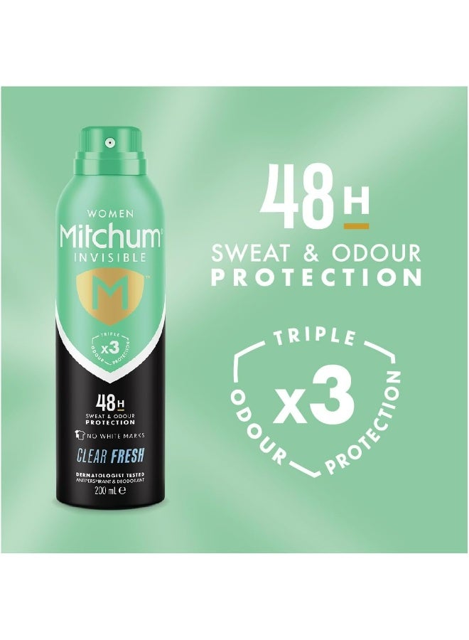 ميتشوم مزيل عرق ومضاد للتعرق بخاخ كلير فريش للنساء، حماية ثلاثية ضد الروائح الكريهة تدوم 48 ساعة، 200 مل