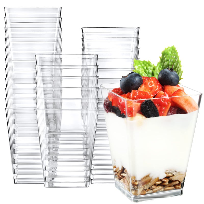 Eupako 50 Pack 5 oz Square Clear Plastic Dessert Cups Small Clear Plastic Tumbler Cups Great for Desserts Appetizers Puddings Mousse and More