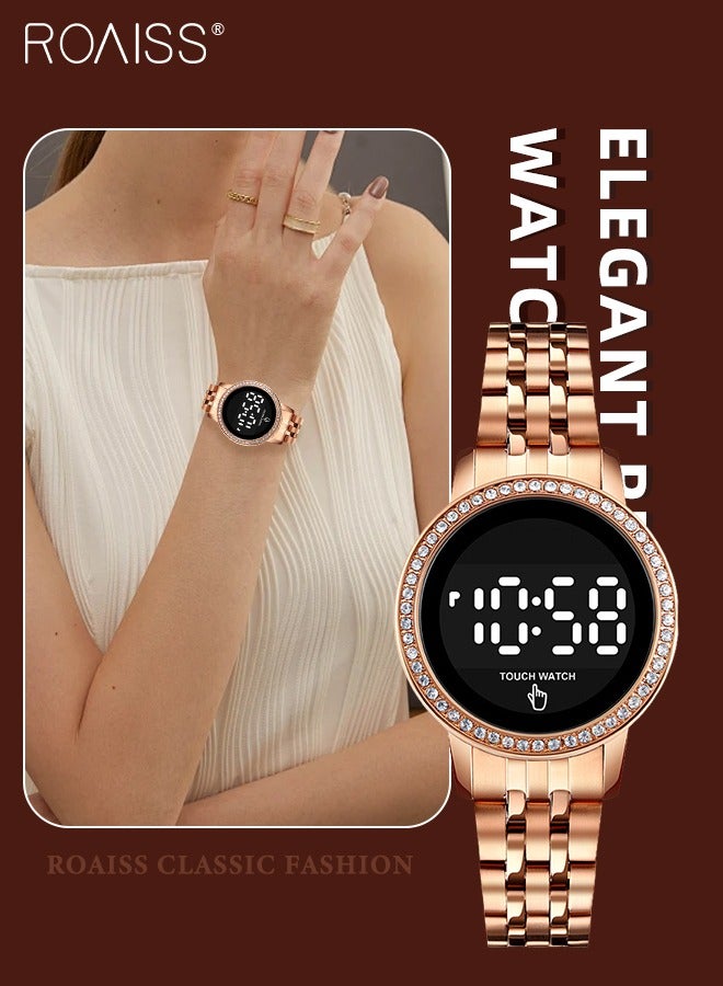 roaiss Women's Digital Touch Screen Watch Led Display Round Dial with Rhinestones Decorated Bezel Waterproof Luminous Stainless Steel Strap Wristwatch with Calendar Display, Rose Gold - Image 1