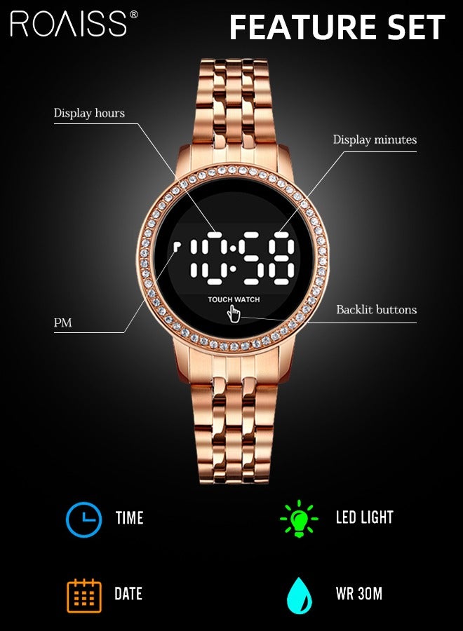 roaiss Women's Digital Touch Screen Watch Led Display Round Dial with Rhinestones Decorated Bezel Waterproof Luminous Stainless Steel Strap Wristwatch with Calendar Display, Rose Gold - Image 4