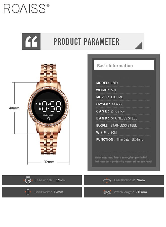 roaiss Women's Digital Touch Screen Watch Led Display Round Dial with Rhinestones Decorated Bezel Waterproof Luminous Stainless Steel Strap Wristwatch with Calendar Display, Rose Gold - Image 3