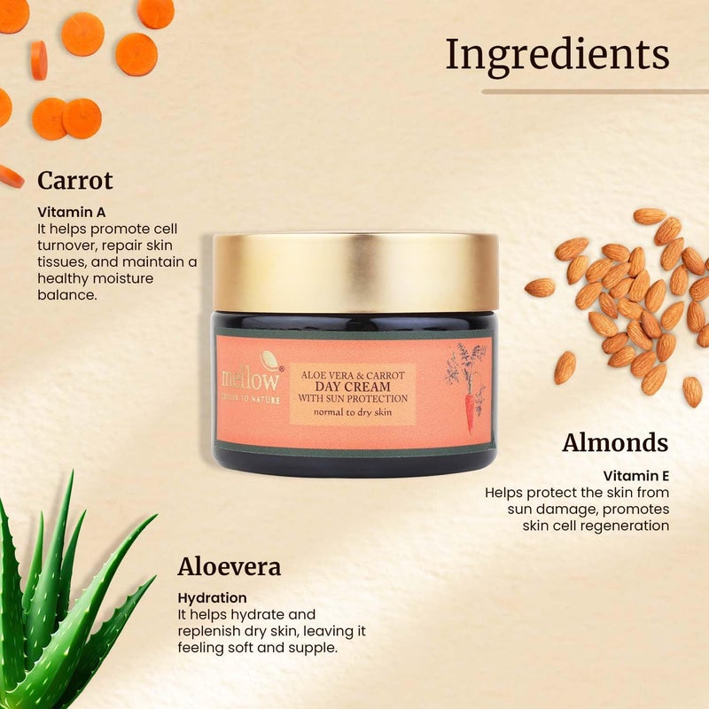 Mellow Herbal Face Cream with Aloe Vera Carrot for Smooth Silky Healthy Skin Lightweight Day Sunscreen Moisturizer for Normal to Dry Skins Sun Protection from UVA UVB Rays 50 Gm - Image 2
