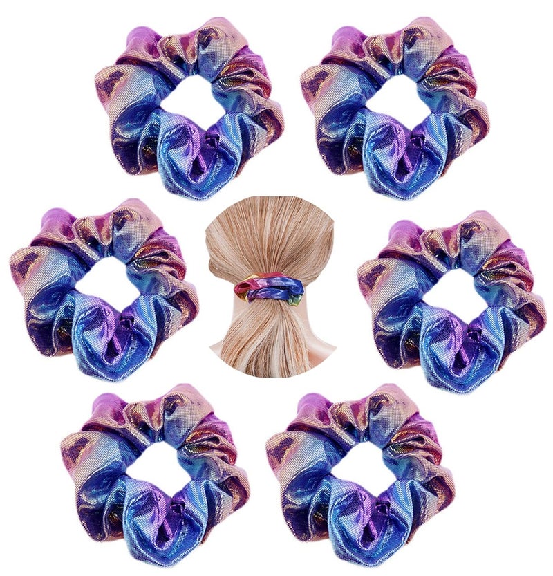 KINFENE 6 Pcs Bright Hologram Metallic Dance Recital Hair Scrunchies Cheer Majorette Scrunchie Hair Holder Bobbles Elastics Ponytail Holders Hair Wrist Ties Bands Cloth Scrunchies for Show Gym Dance Party Club Girl Blue Brown