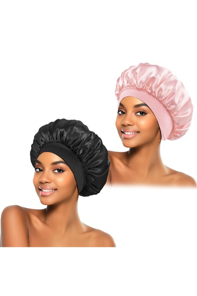 بوفان غطاء حريري للنوم، غطاء شعر لامع، غطاء نوم من الحرير المرن، غلاف شعر للنساء (أسود وردي) - Image 1
