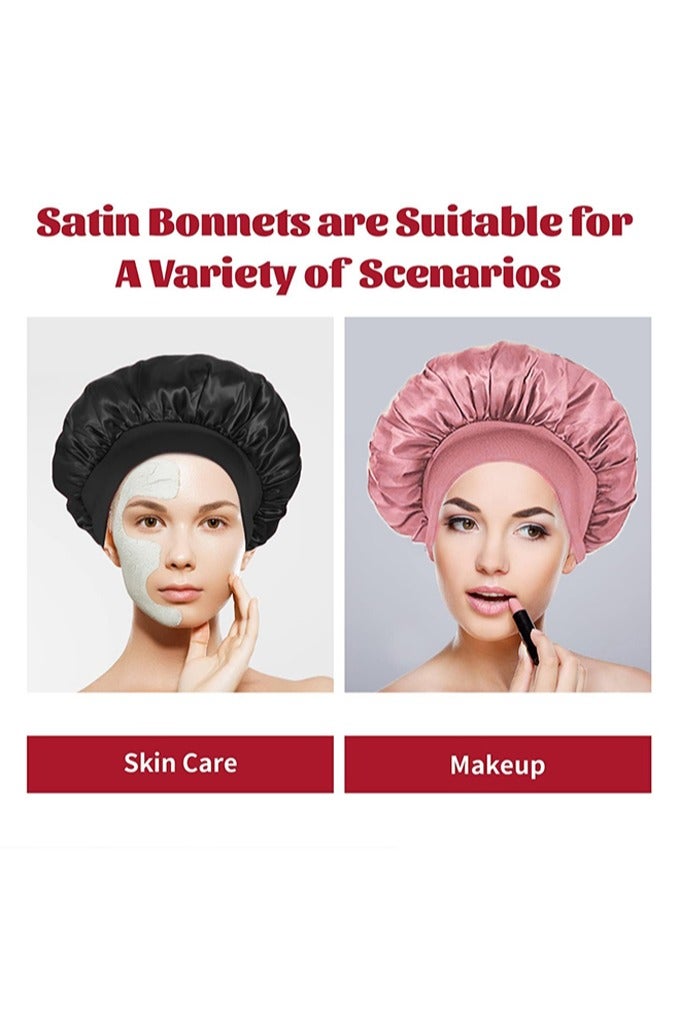 بوفان غطاء حريري للنوم، غطاء شعر لامع، غطاء نوم من الحرير المرن، غلاف شعر للنساء (أسود وردي) - Image 2