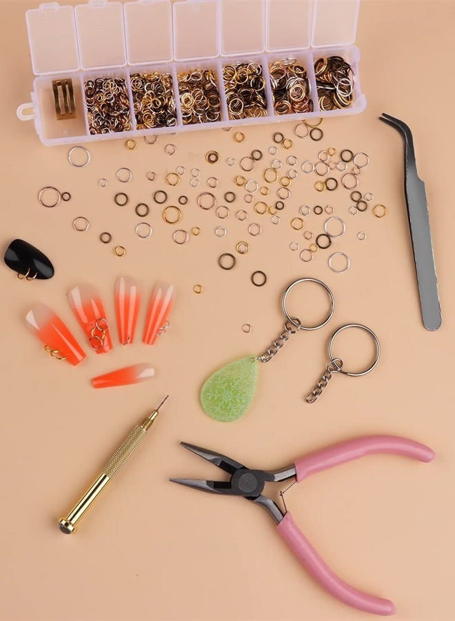 TOROKOM 1014 Pcs Nail Art Dangle Charms Piercing Tool Hand Drill, TOROKOM 6 Sizes 4 Colors Open Jump Rings for Jewelry Making with Jump Ring Opener, Nail Charms Nail Jewelry Rings with Pliers and Tweezers - Image 5